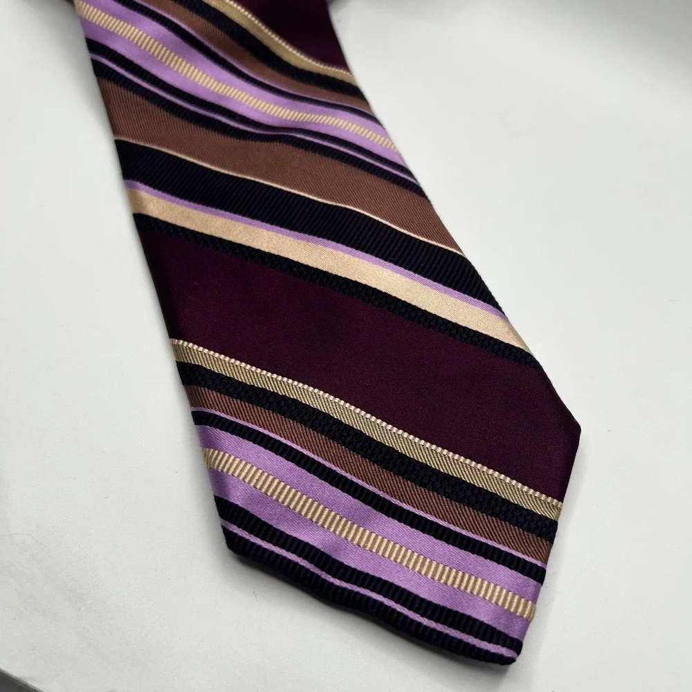 Ike Behar New York Silk‎ Tie Purple Brown Gold Striped Hand Tailored USA Made